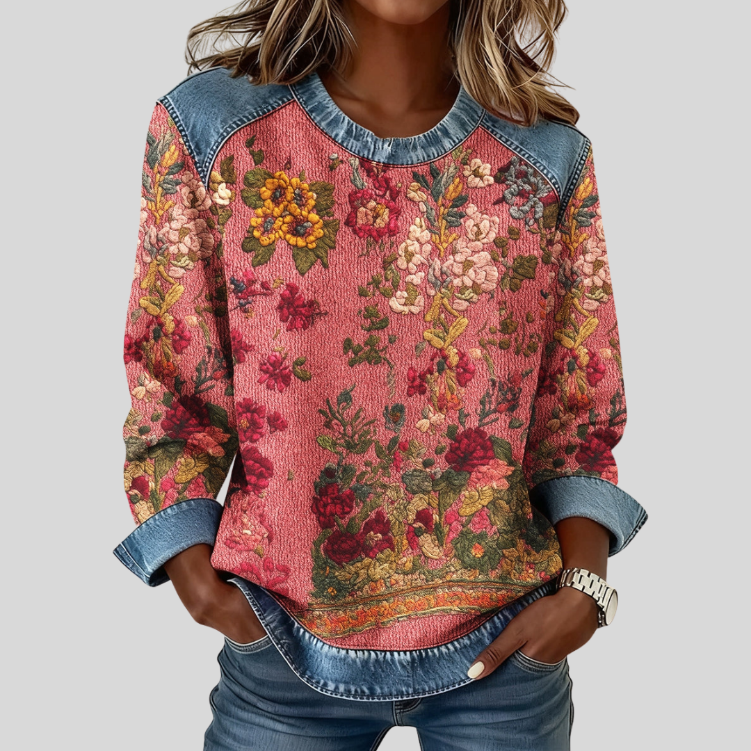 Agostina | Sudadera Floral con Detalles de Mezclilla