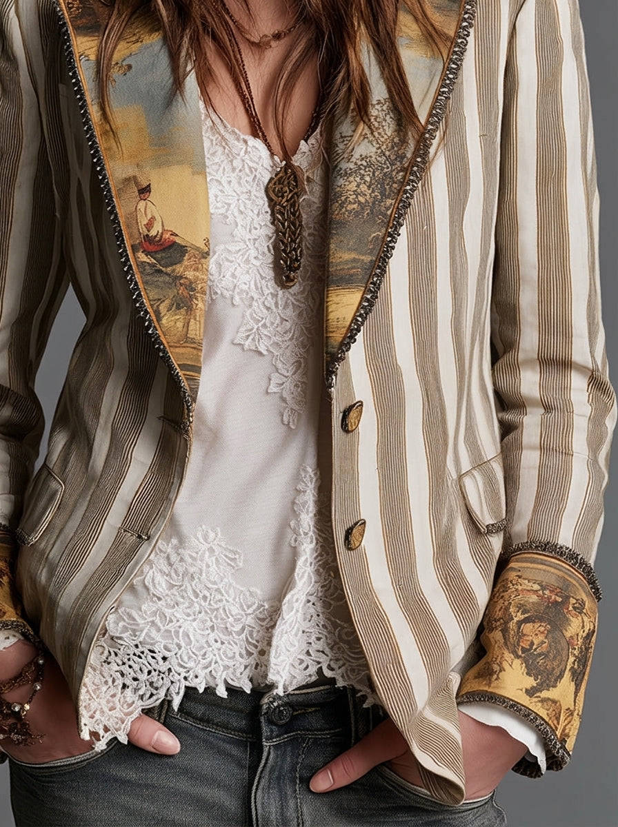 Lia | Blazer a Rayas con Cuello Estampado
