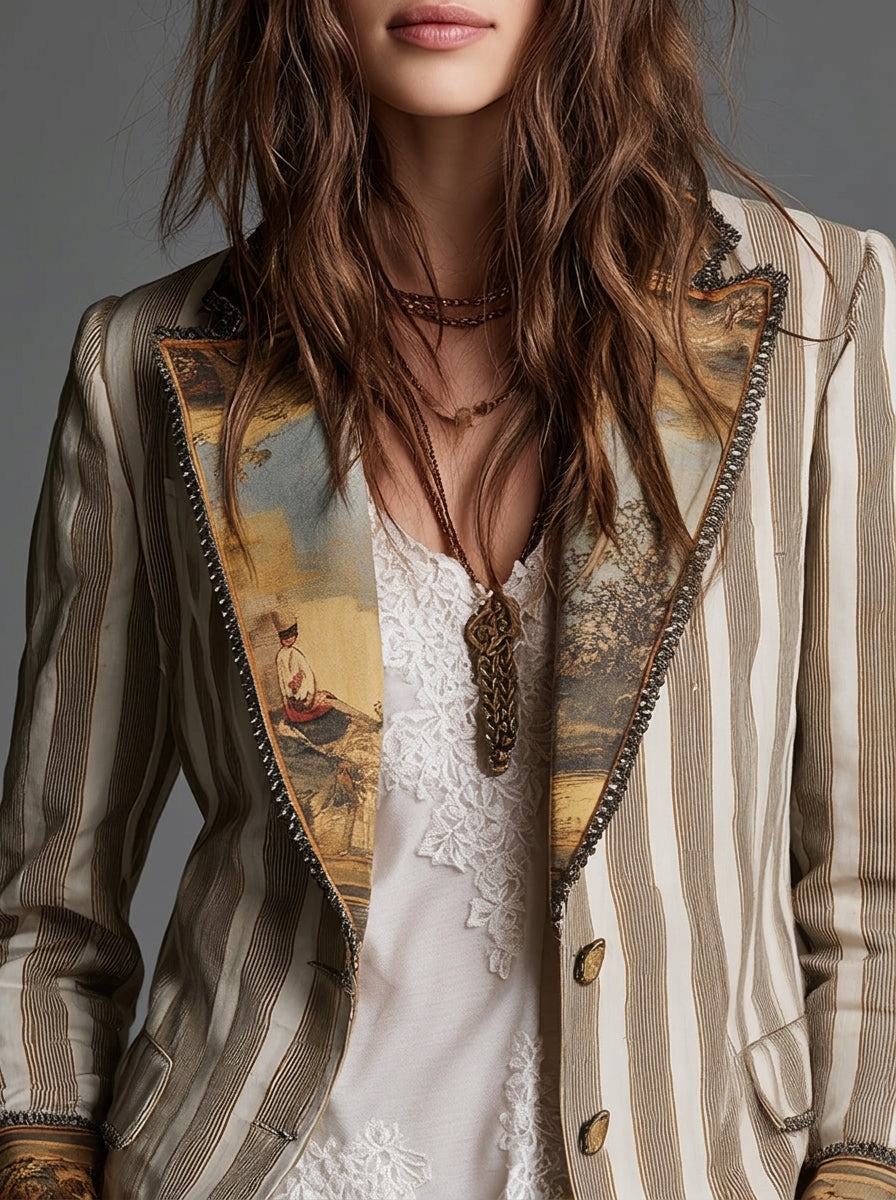 Lia | Blazer a Rayas con Cuello Estampado
