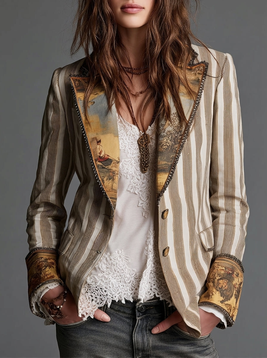 Lia | Blazer a Rayas con Cuello Estampado