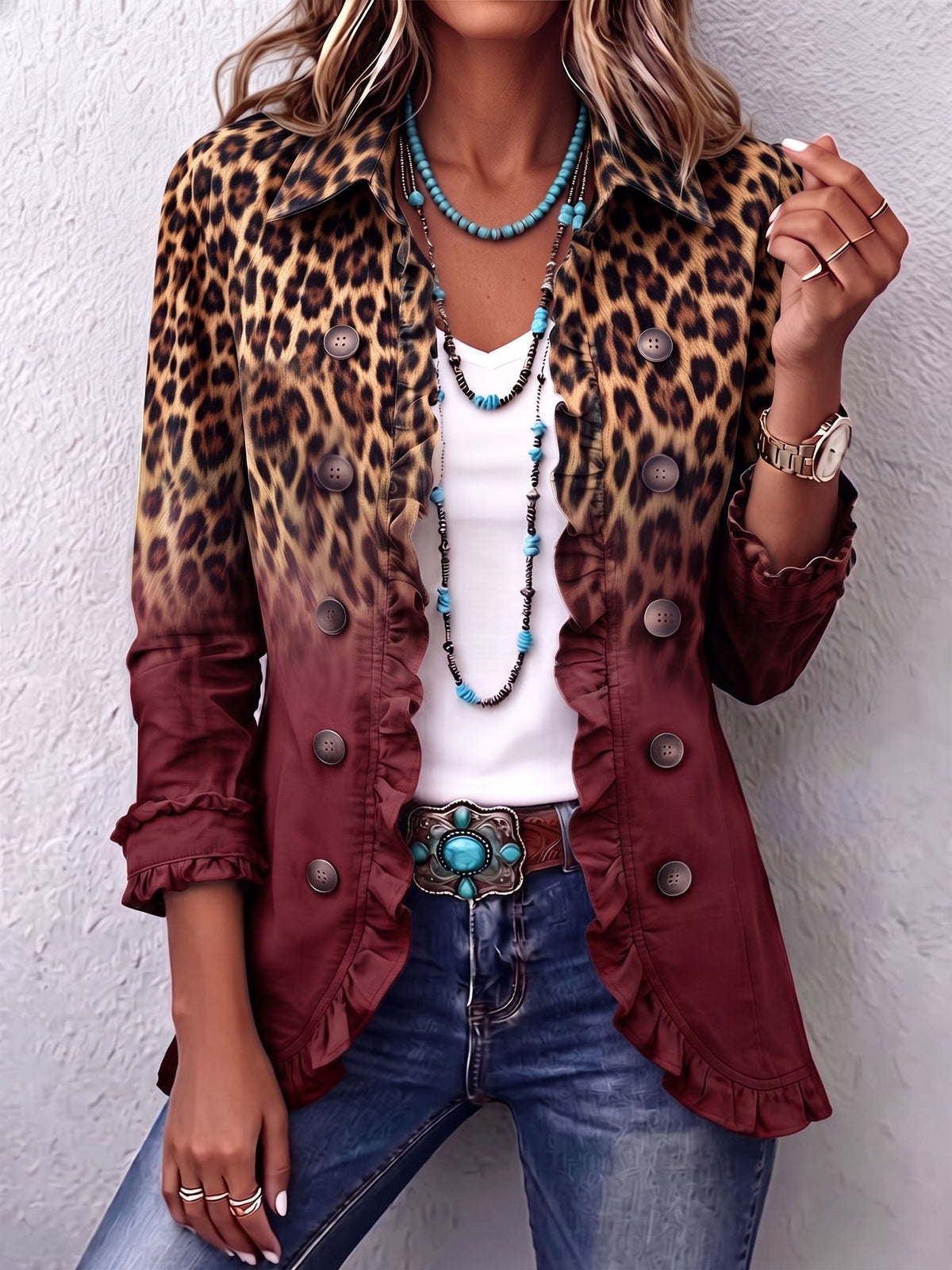 Immacolata | Blazer de Leopardo Vino con Olanes